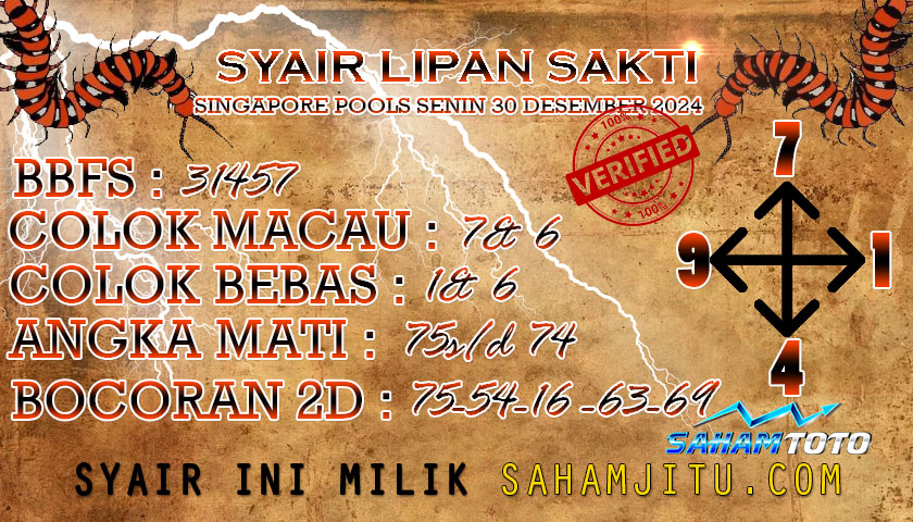 Syair Lipan Sakti Singapore Pools, Senin 30 Desember 2024