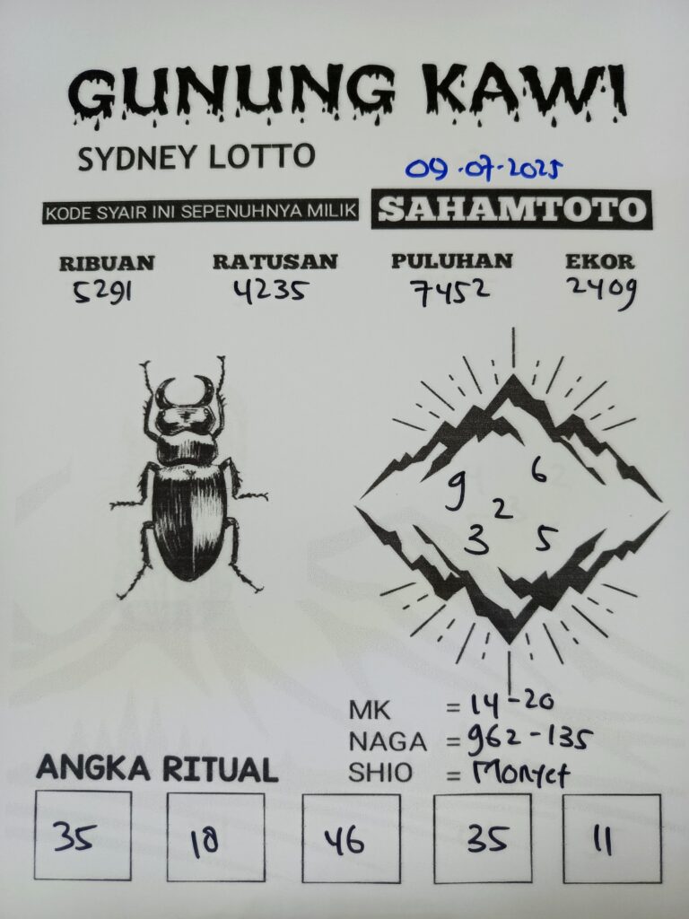 Syair Gunung Kawi Sydney lotto Hari ini Rabu 09 Juli 2025