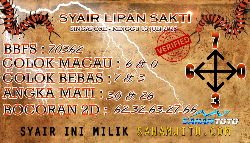Syair Lipan Sakti Singapore pools Hari ini Minggu 13 Juni 2025
