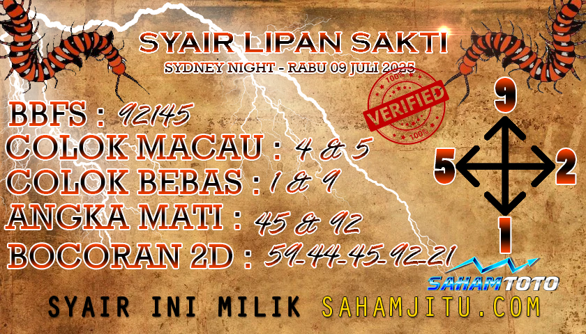 Syair Lipan Sakti Sydney Night Hari ini Rabu 09 Juli 2025