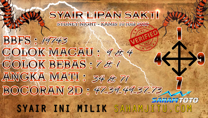 Syair Lipan Sakti Sydney Night Hari ini Kamis 10 Juli 2025