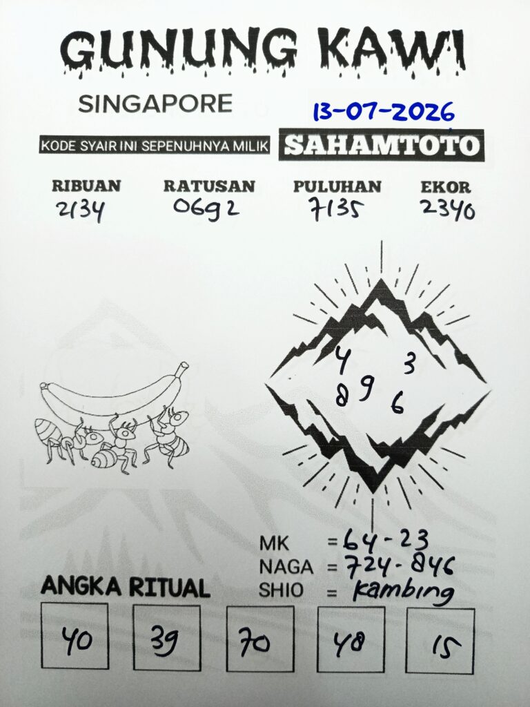 Syair Gunung Kawi SINGAPORE POOLS Hari ini Senin ,13 Juli 2026