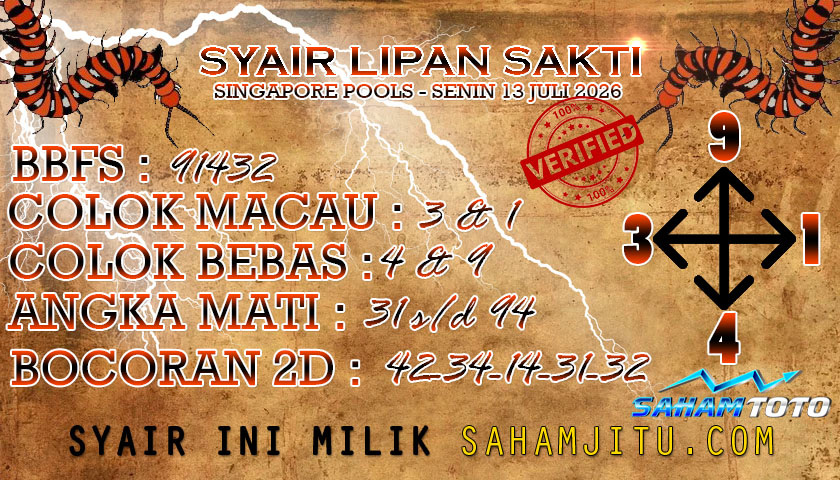 Syair LIPAN SAKTI SINGAPORE POOLS Hari ini Senin ,13 Juli 2026